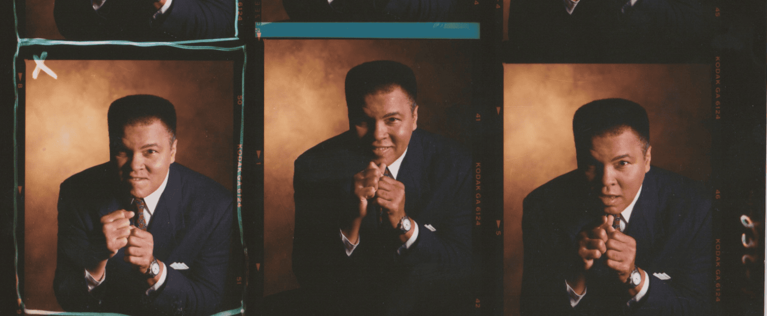 A contact sheet of headshots of Muhammad Ali in a suit on a brown background